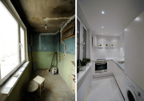 Adaptacja pomieszczenia na małą kuchnię – montaż płyt G-K, gładzie, kafelkowanie i oświetlenie LED.