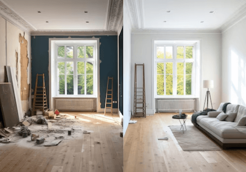 Kompleksowa renowacja wnętrza – usunięcie starego tynku, gładzie, malowanie i odnowienie podłogi.